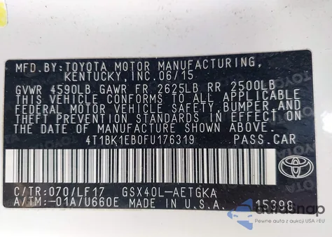 2015 Toyota Avalon Xle Premium из США, поврежденный, VIN 4T1BK1EB0FU176319